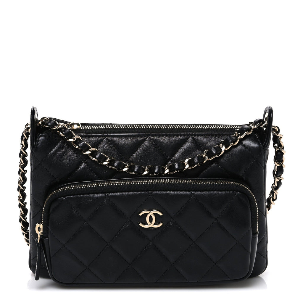 Shiny Crumpled Lambskin Quilted Small Preppy Pocket Clutch With Chain Black