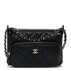 Shiny Crumpled Lambskin Quilted Small Preppy Pocket Clutch With Chain Black
