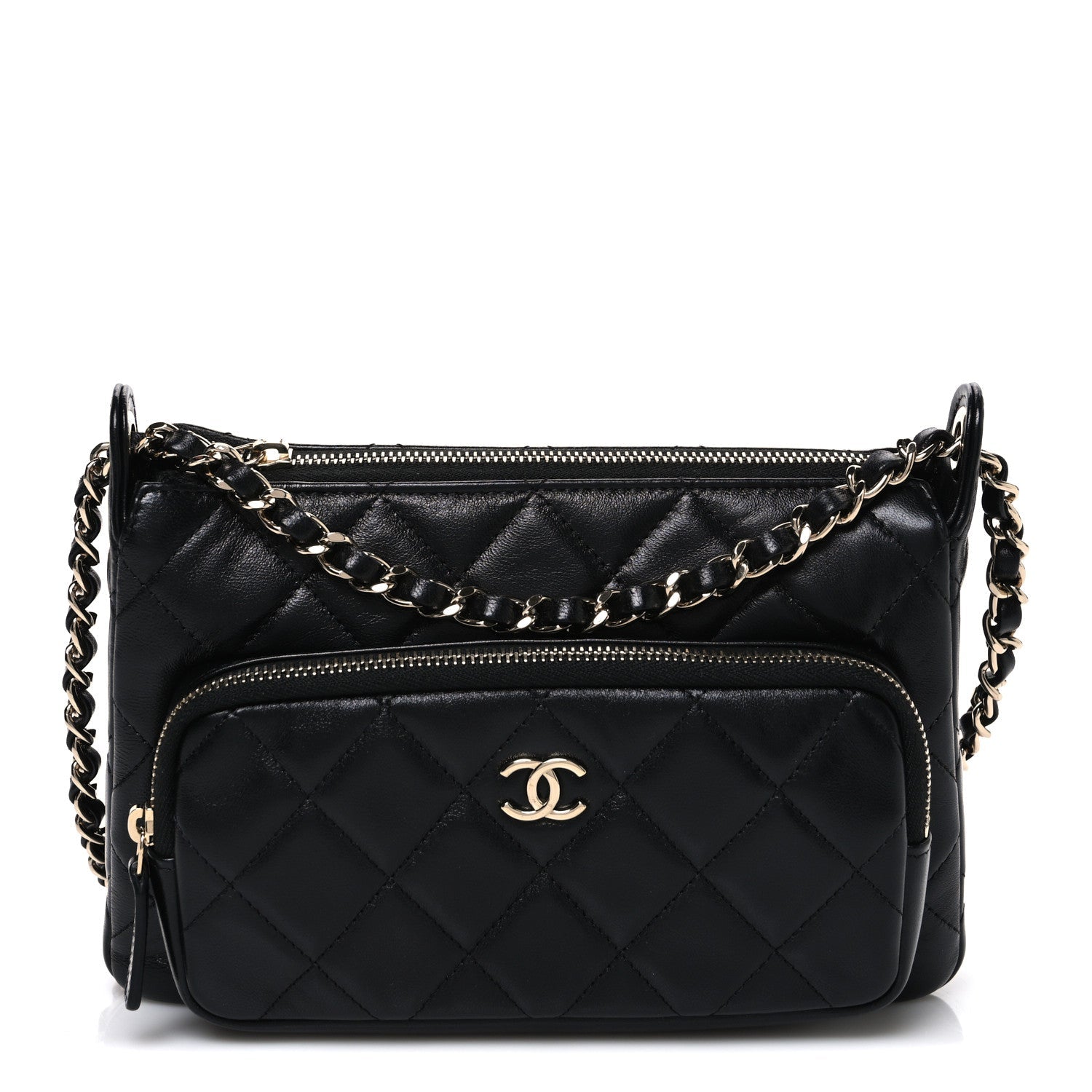 Shiny Crumpled Lambskin Quilted Small Preppy Pocket Clutch With Chain Black