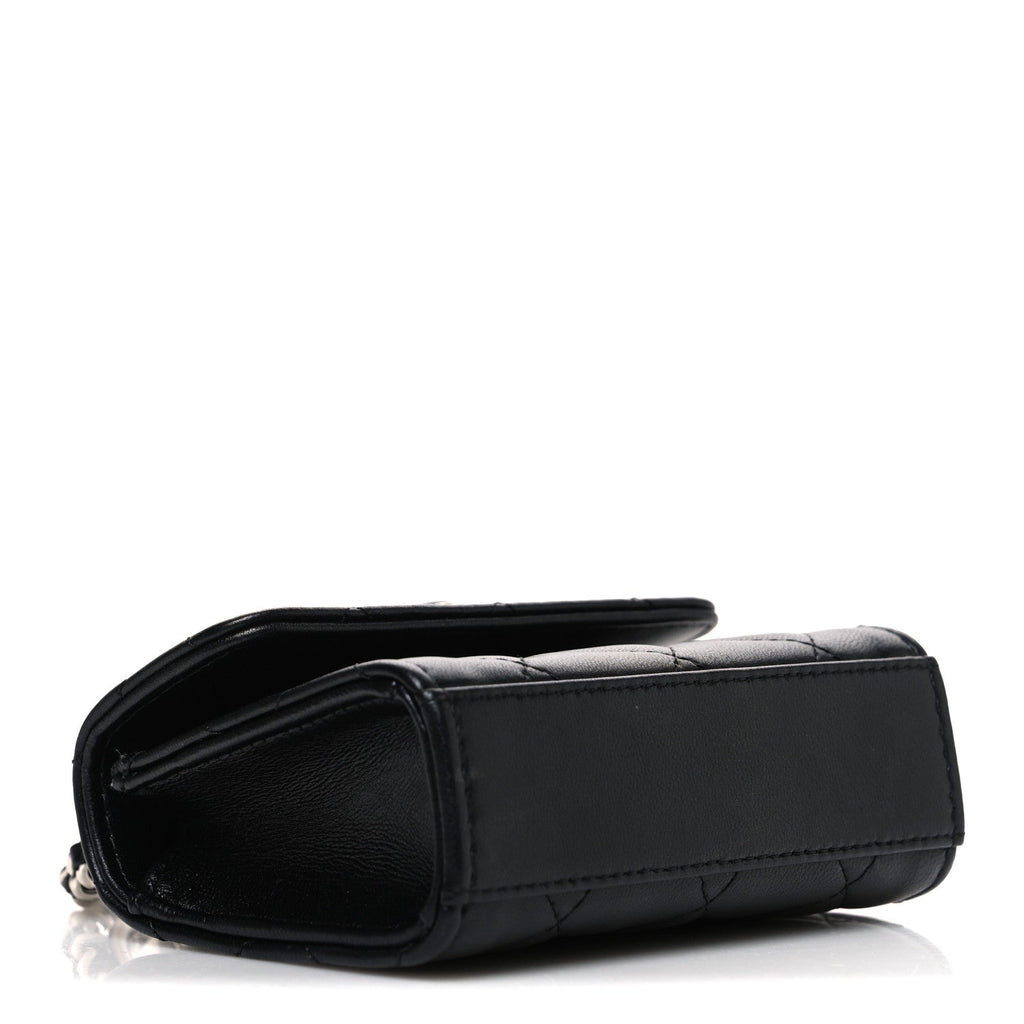 Lambskin Quilted Mini Metal Top Handle Flap Clutch With Chain  Black