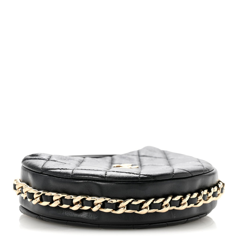 Lambskin Quilted Chain Around Pouch Hobo Black