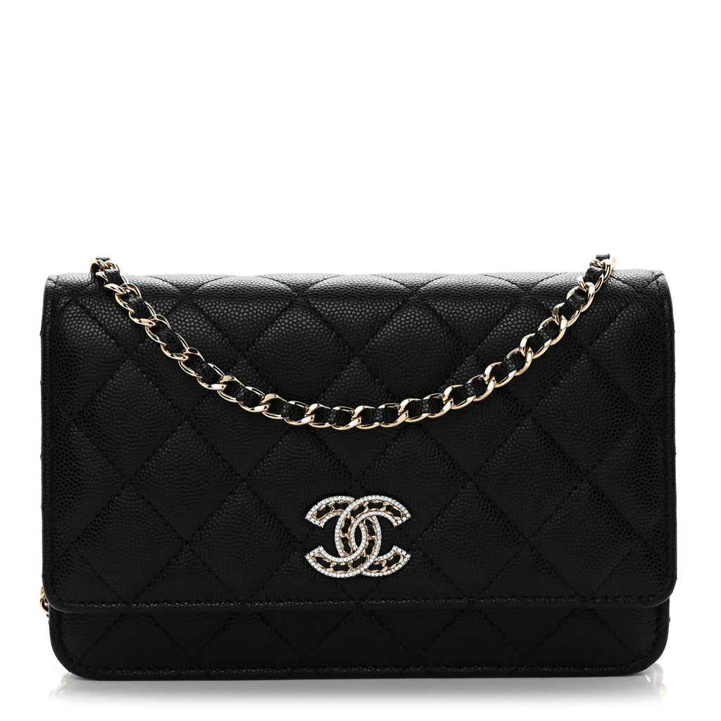 Caviar Quilted Crystal CC Wallet On Chain WOC Black