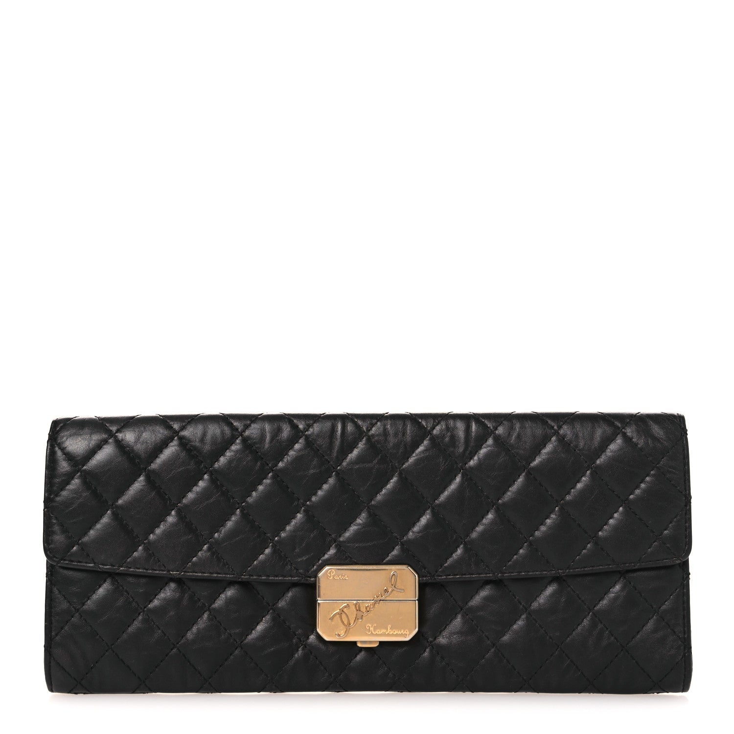 Metallic Aged Calfskin Quilted Paris Hamburg Clutch Black
