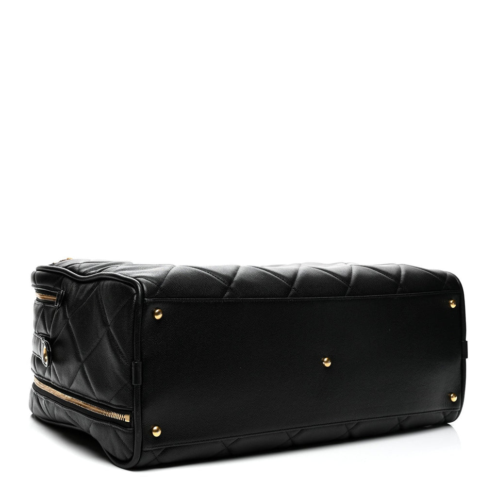 Shiny Grained Calfskin Quilted Travel Bowling Bag Black
