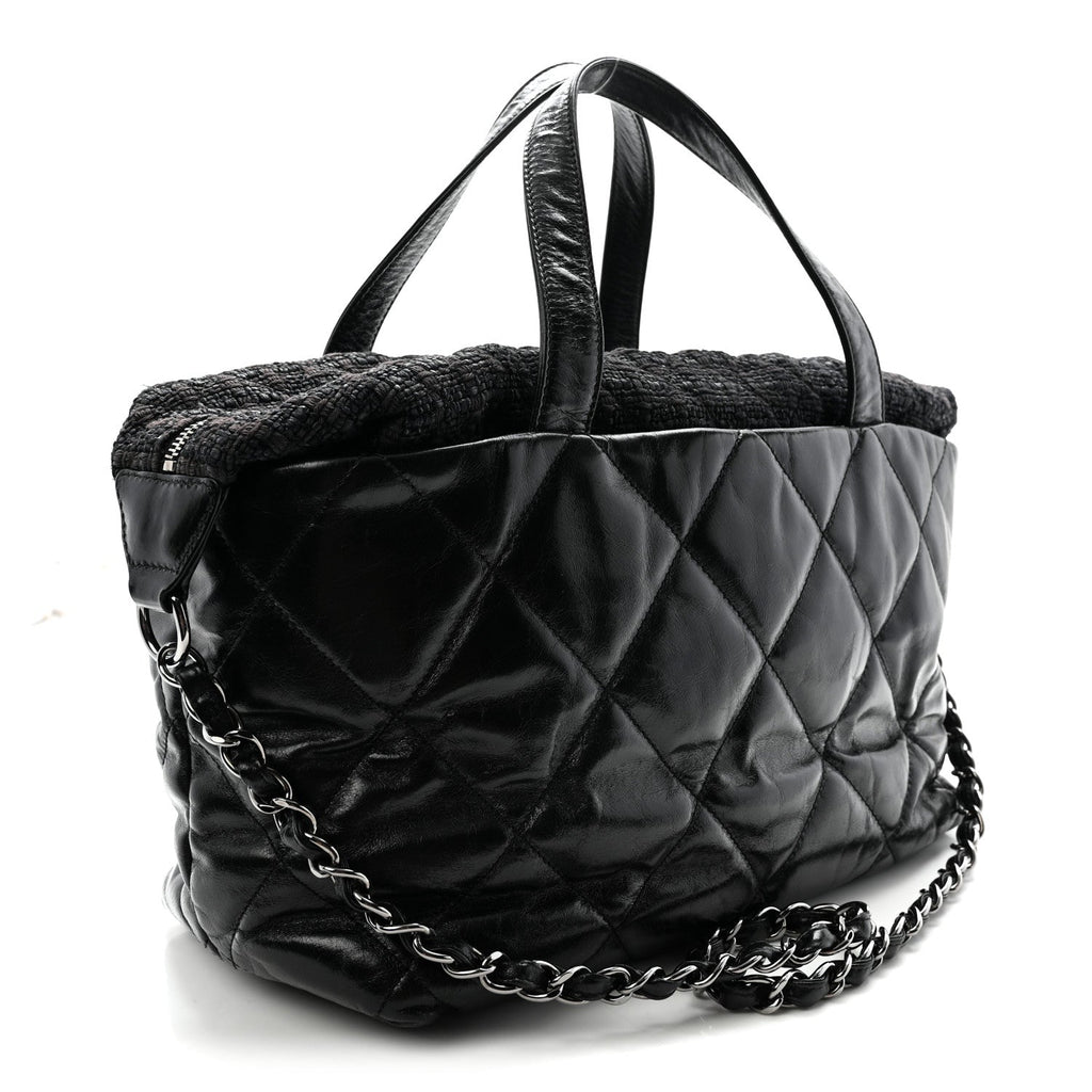 Glazed Calfskin Quilted Tweed Portobello Tote Black