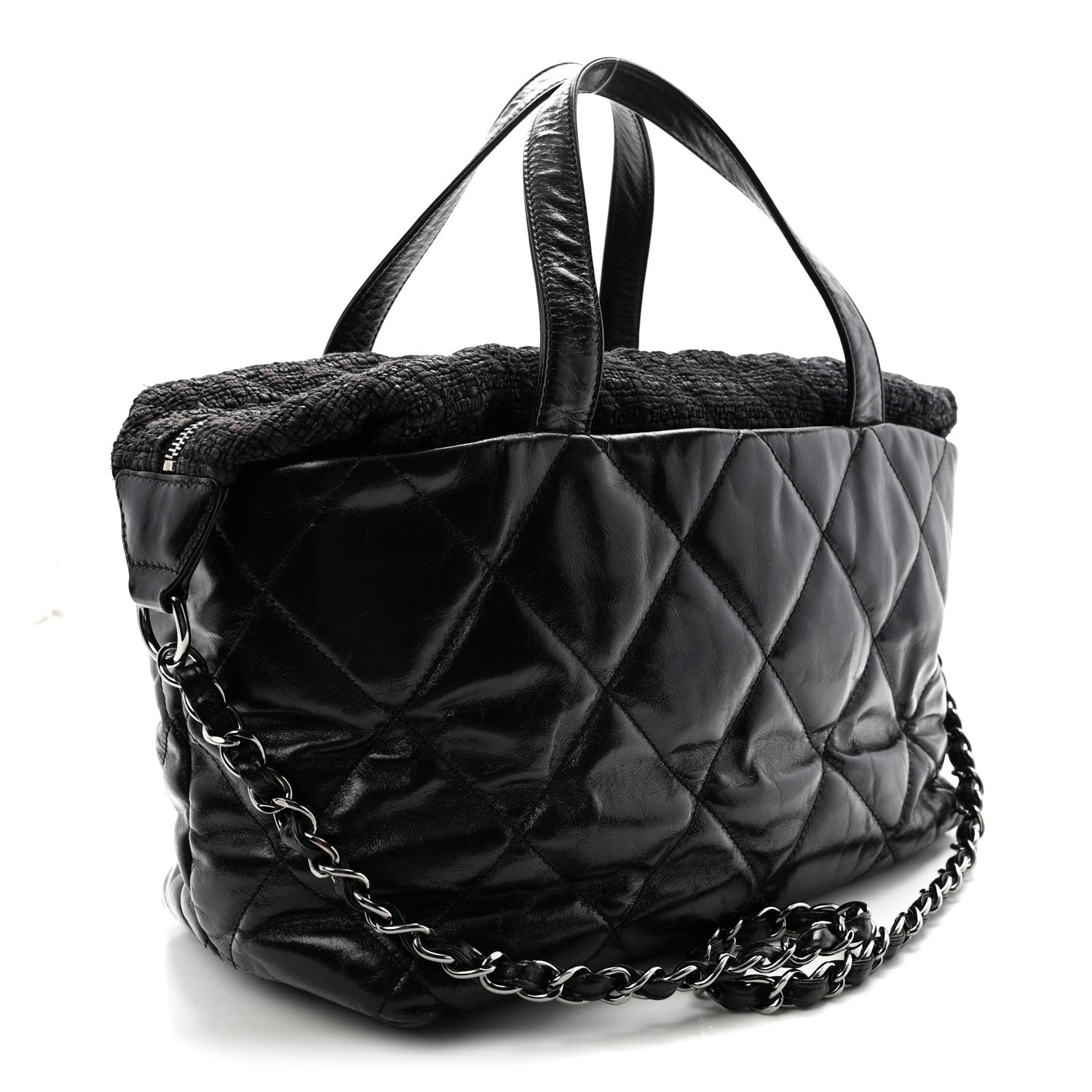 Glazed Calfskin Quilted Tweed Portobello Tote Black