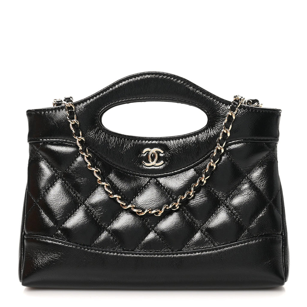 Shiny Crumpled Calfskin Quilted Nano 31 Shopping Bag Black