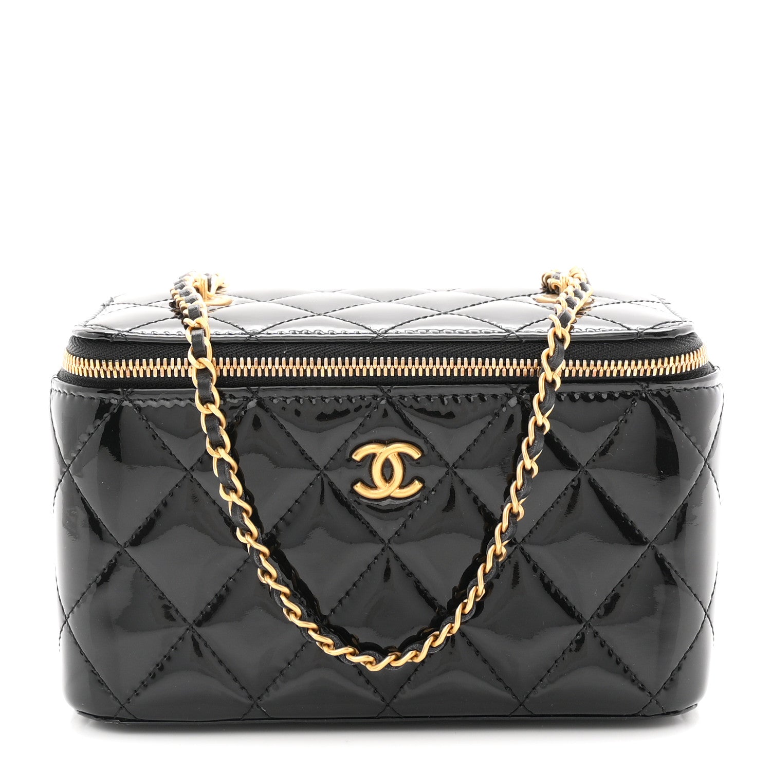 Patent Enamel Quilted Small Coco Hearts Vanity Case With Chain Black