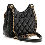 Shiny Crumpled Calfskin Quilted Small Wavy CC Hobo Black