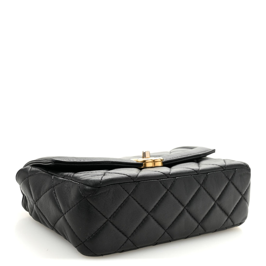 Shiny Lambskin Quilted Small Single Flap Black