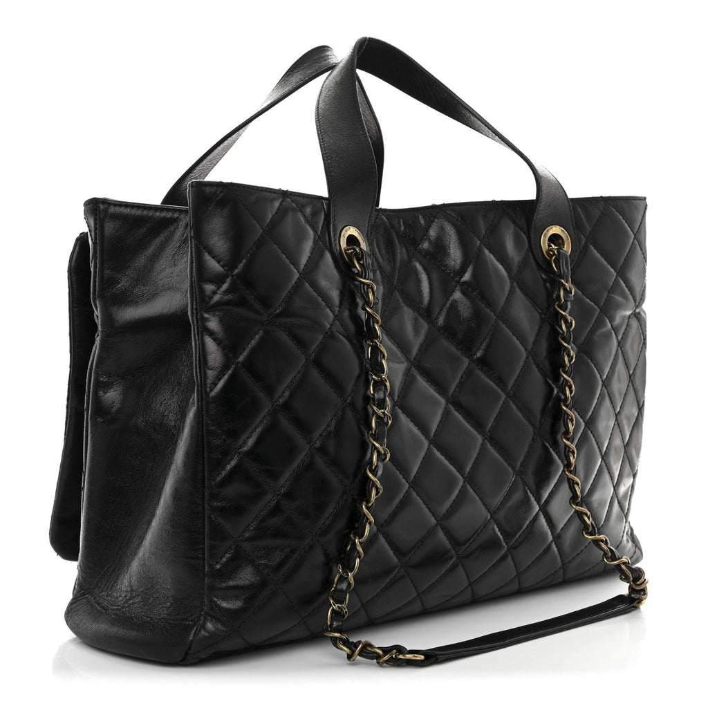 Snakeskin Glazed Calfskin Quilted Urban Mix Tote Black