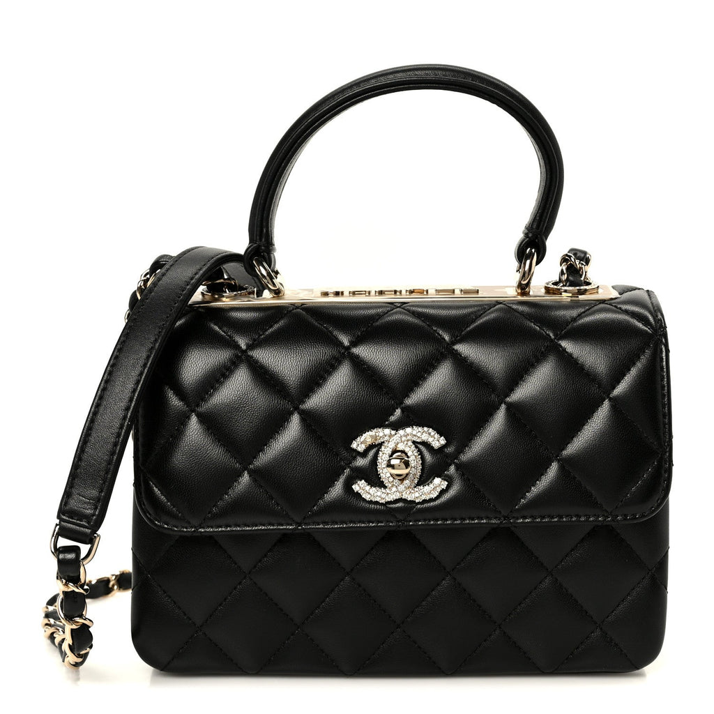 Lambskin Crystal Quilted Mini Trendy CC Dual Handle Flap Bag Black