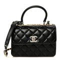 Lambskin Crystal Quilted Mini Trendy CC Dual Handle Flap Bag Black
