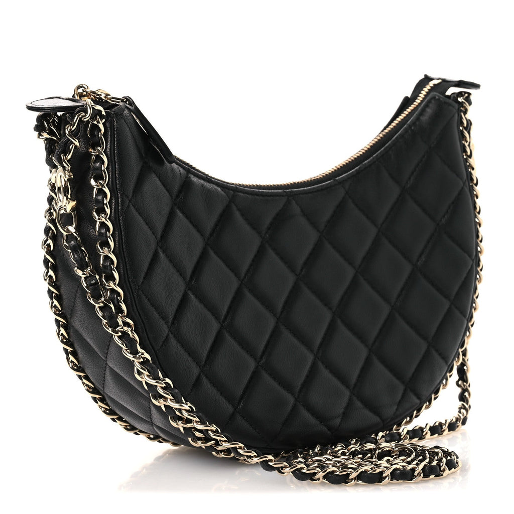 Lambskin Quilted Small Hobo Bag Black