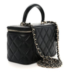 Lambskin Quilted Small Top Handle Vanity Case With Chain Black