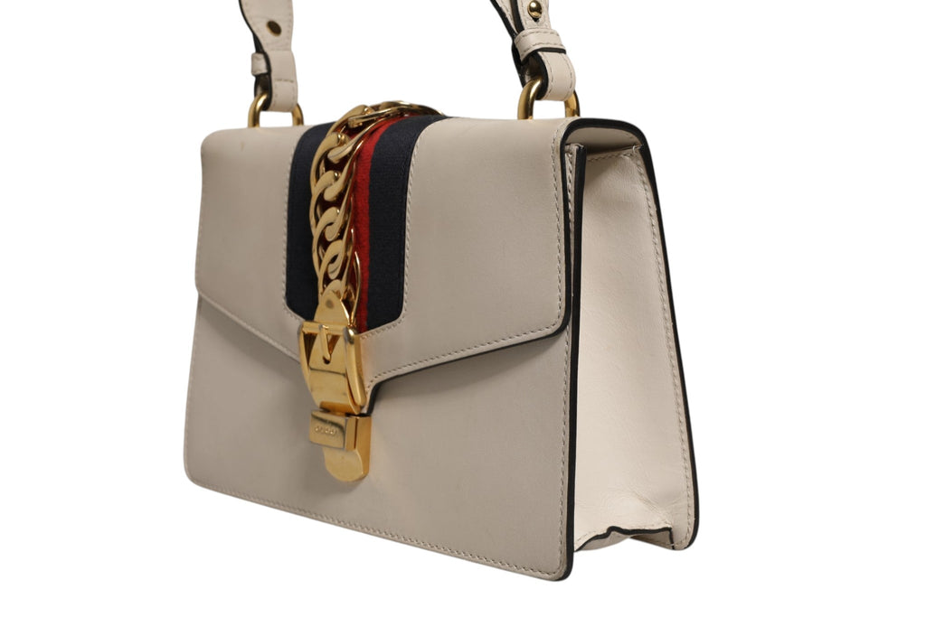 Gucci White Calfskin Leather Sylvie Crossbody Women's Bag (Pre-Loved)
