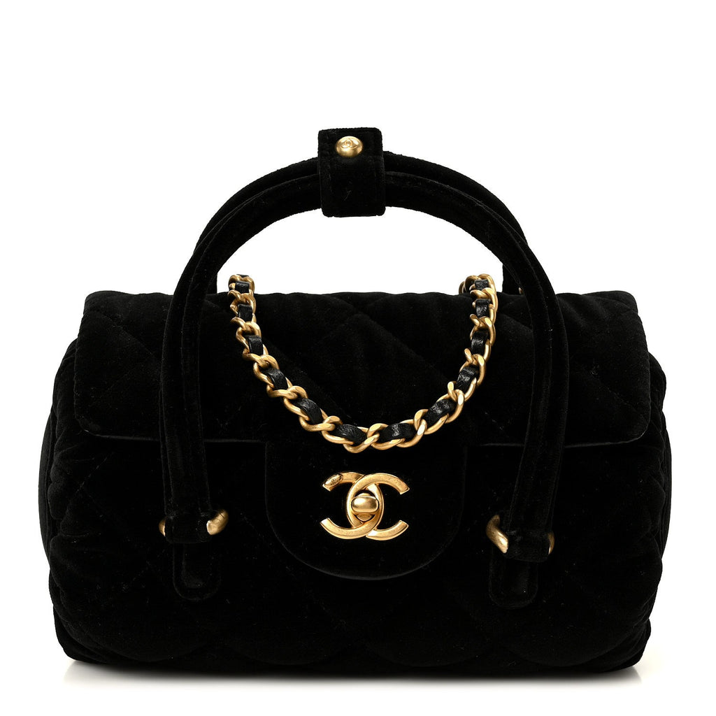 Velvet Quilted Mini Top Handle Flap Black