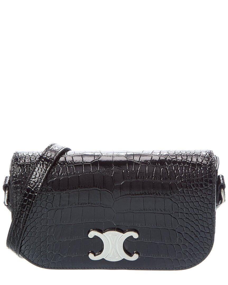 Celine Small Triomphe Croc-Embossed Leather Crossbody