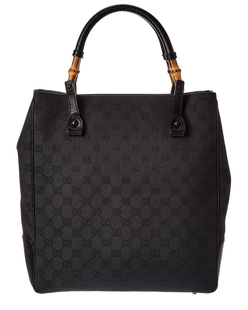 Gucci Black Gg Canvas Bamboo Handle Bag (Authentic Pre-Loved)