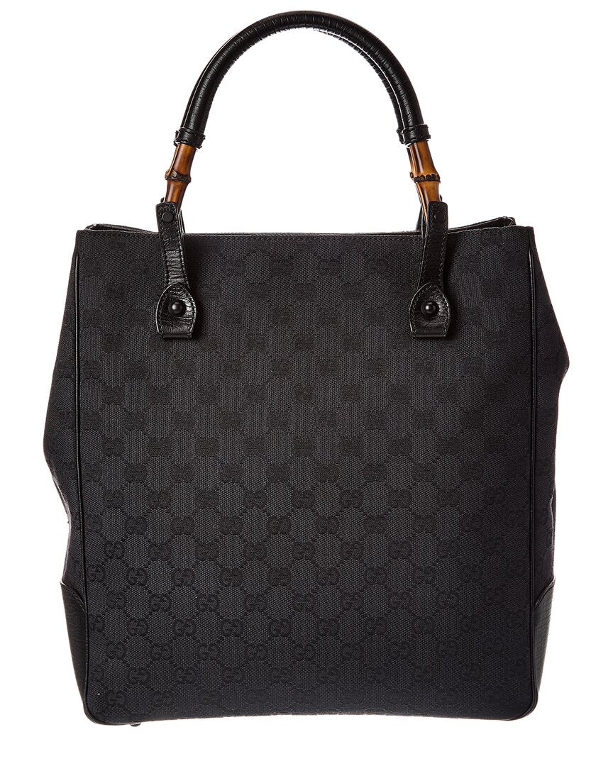 Gucci Black Gg Canvas Bamboo Handle Bag (Authentic Pre-Loved)