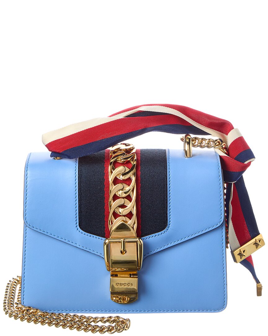 Gucci Sky Blue Calfskin Leather Mini Sylvie Chain Shoulder Bag (Authentic Pre-