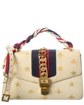 Gucci White Calfskin Leather Bee Star Print Small Sylvie Shoulder Bag