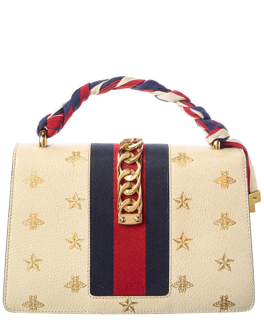 Gucci White Calfskin Leather Bee Star Print Small Sylvie Shoulder Bag