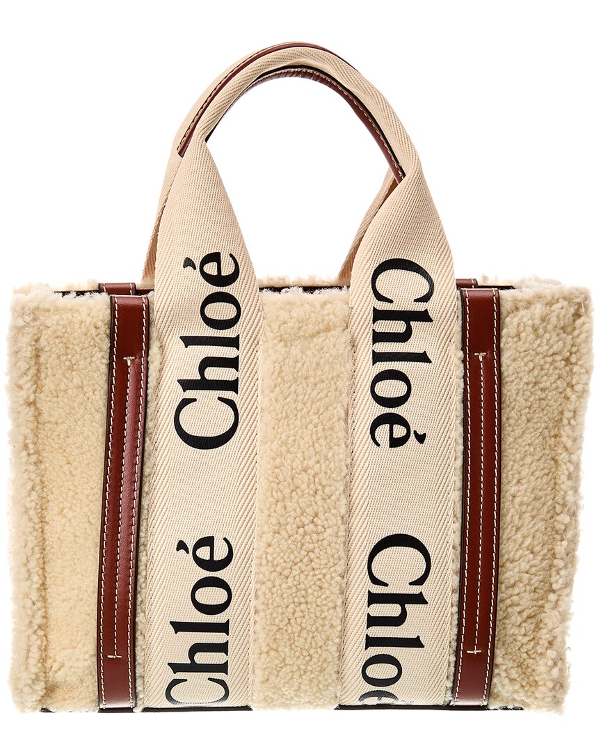 Chloé Woody Small Shearling & Leather Tote (Authentic Pre-Owned) Beige ONE SIZE