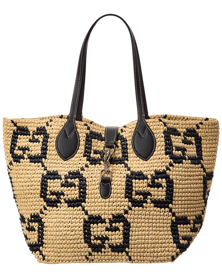 Gucci Medium Woven Leather-Trim Tote