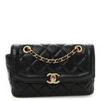 Shiny Lambskin Quilted Small Single Flap Black