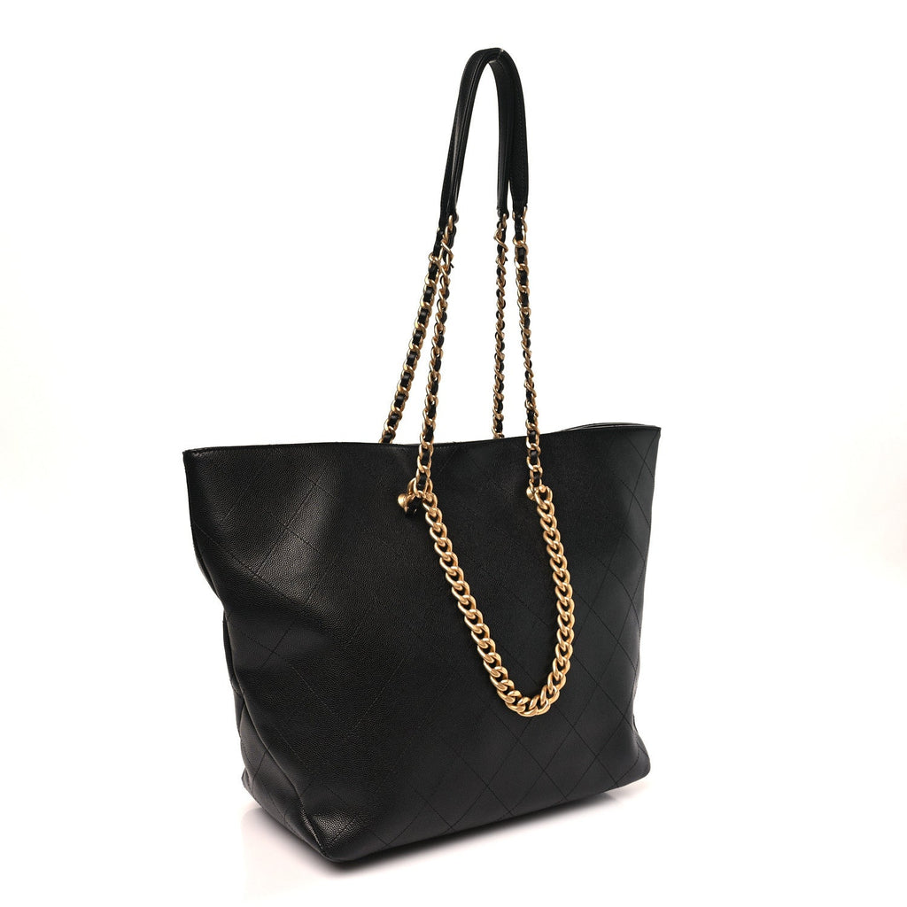 Shiny Caviar Stitched Softly Quilted Tote Black