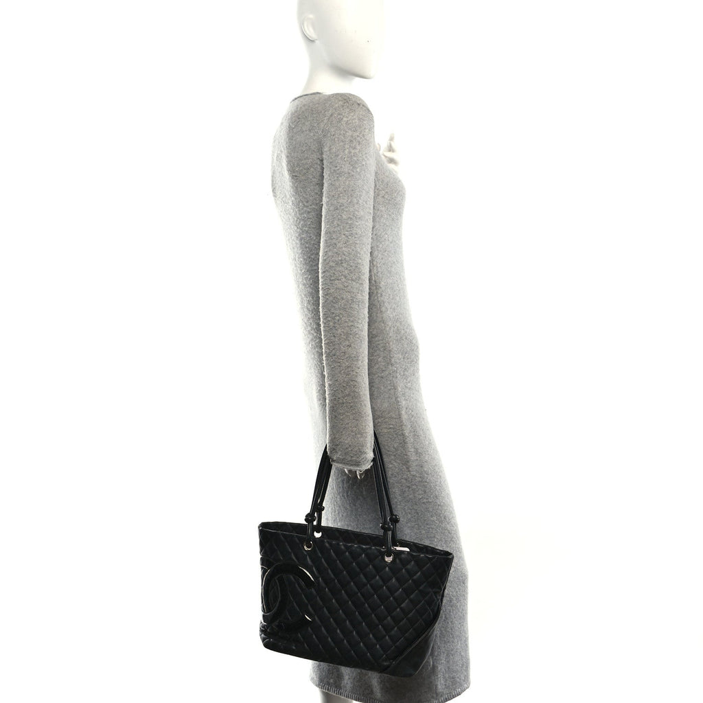 Calfskin Quilted Large Cambon Tote Black
