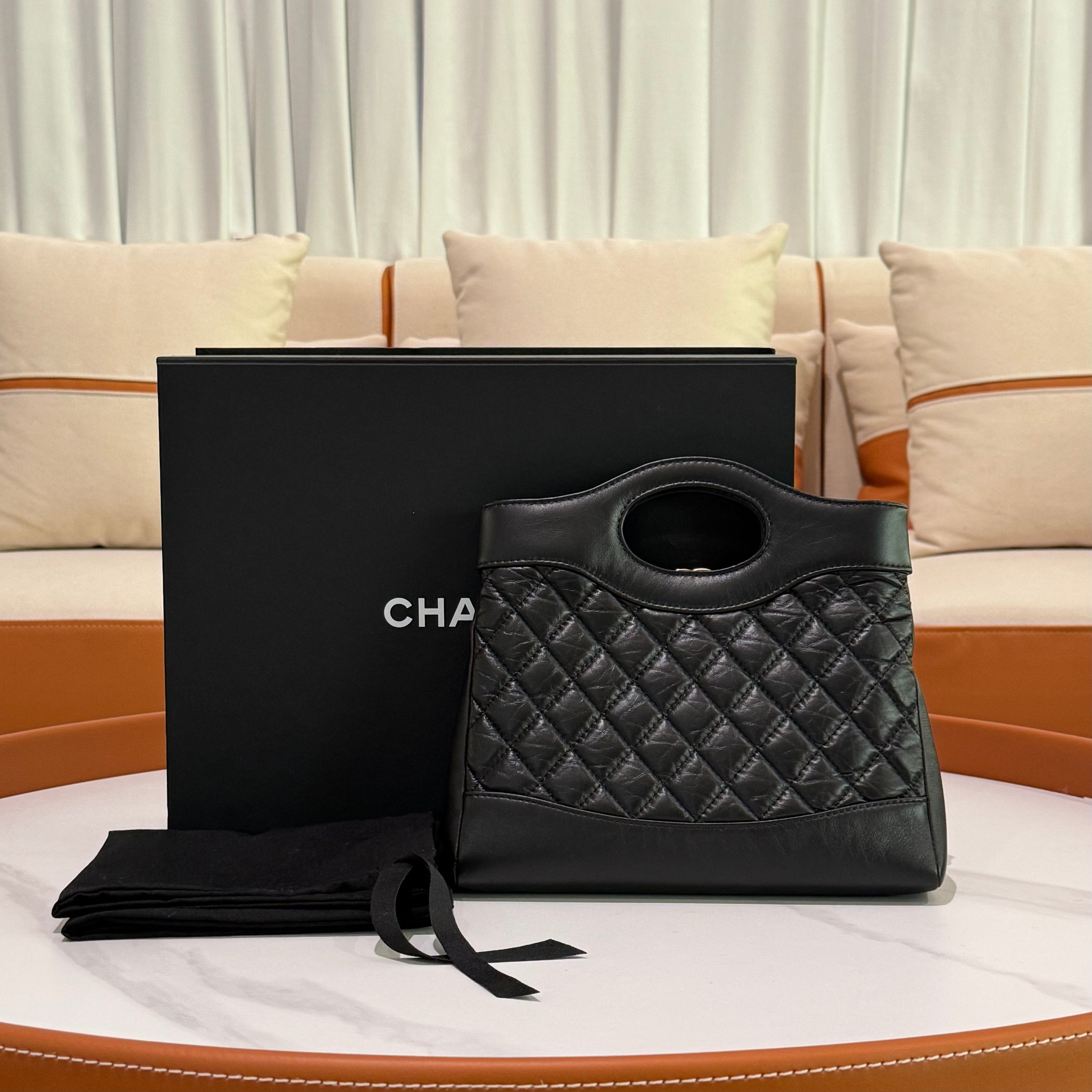 CHANEL 31 BAG 23A MINI WRINKLED CALFSKIN BLACK & GOLD HARDWARE CHIP MODEL