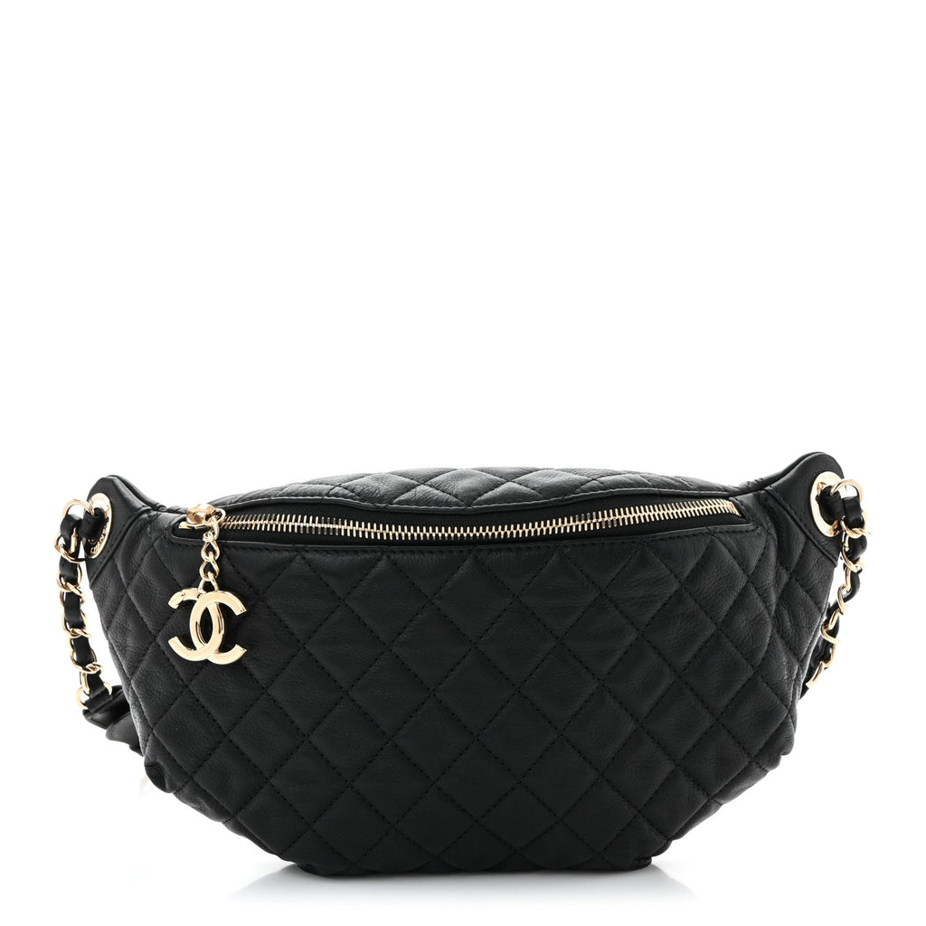 Calfskin Quilted Banane Waist Bag Fanny Pack Black