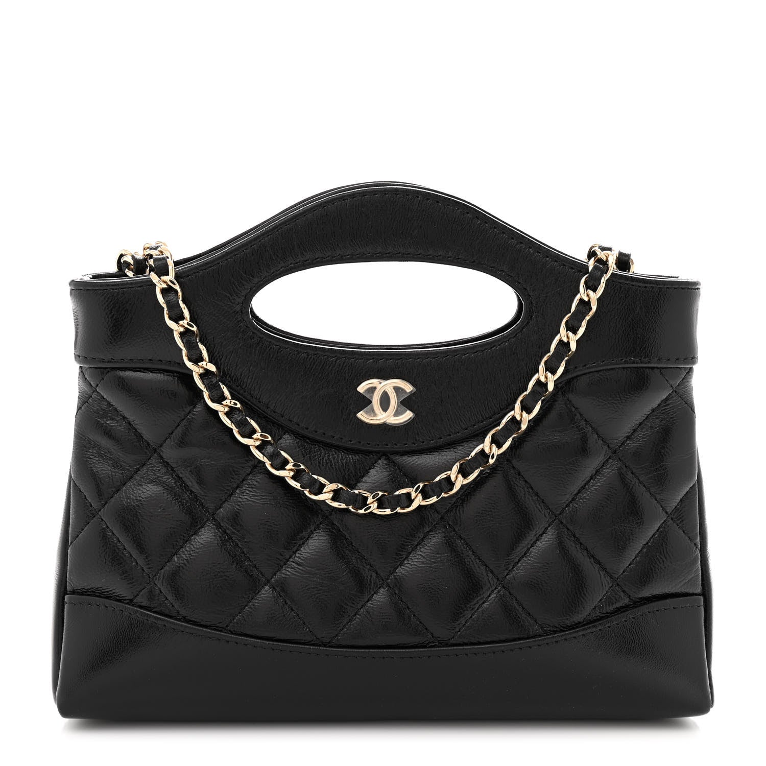 Shiny Crumpled Calfskin Quilted Nano 31 Shopping Bag Black