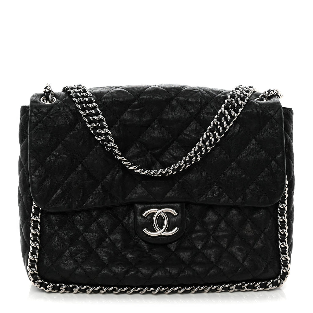 Washed Lambskin Quilted Maxi Chain Around Flap Black