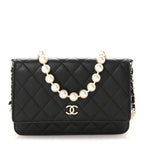 Lambskin Quilted Pearl Wallet On Chain WOC Black