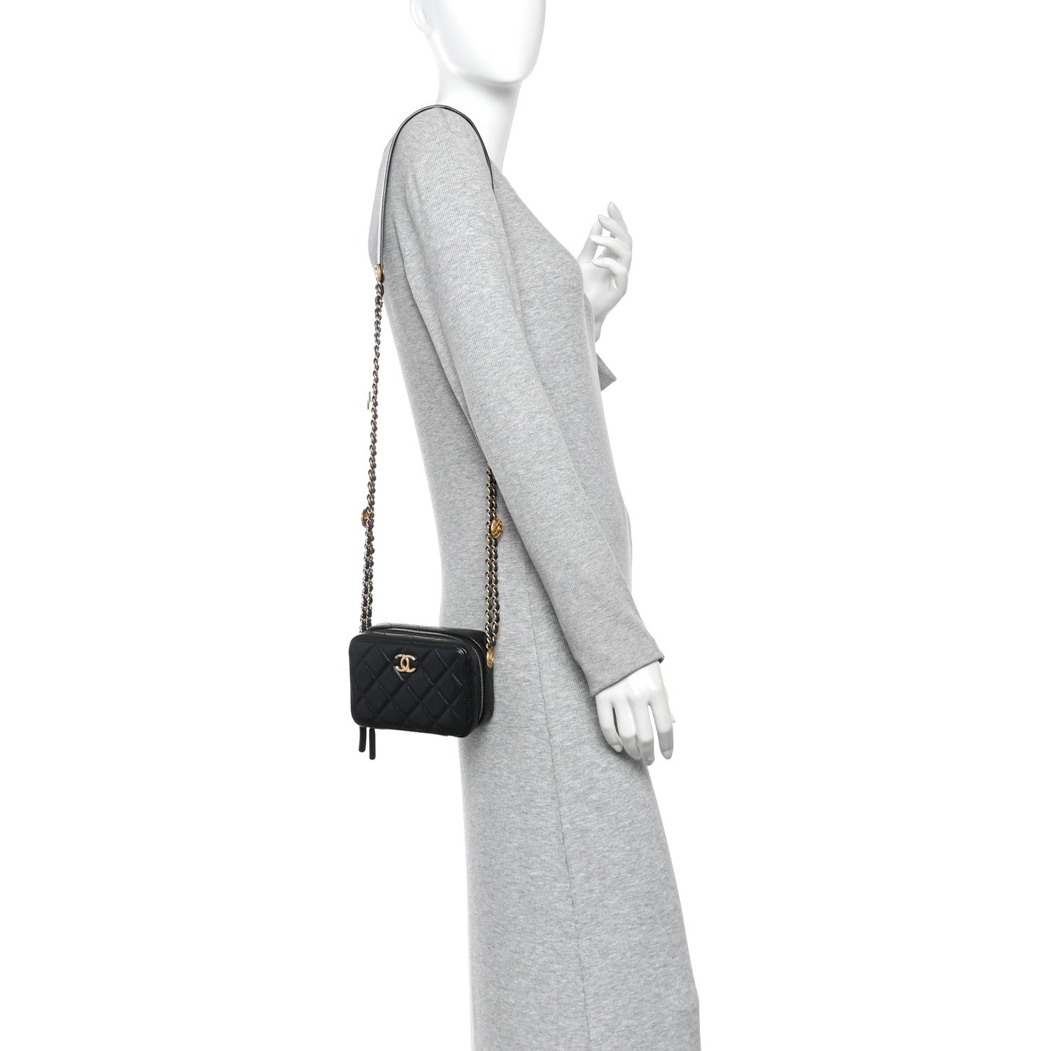 Caviar Quilted Twist Your Buttons Clutch With Chain Black