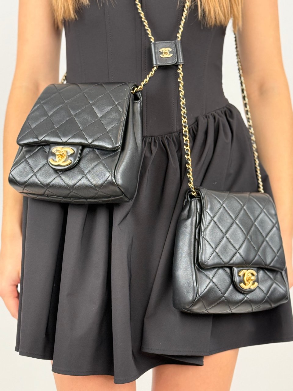 Chanel Lambskin Quilted Side Packs Black Small Double Bag with Pearls Chain with CC Logo