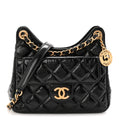 Shiny Crumpled Calfskin Quilted Small Wavy CC Hobo Black