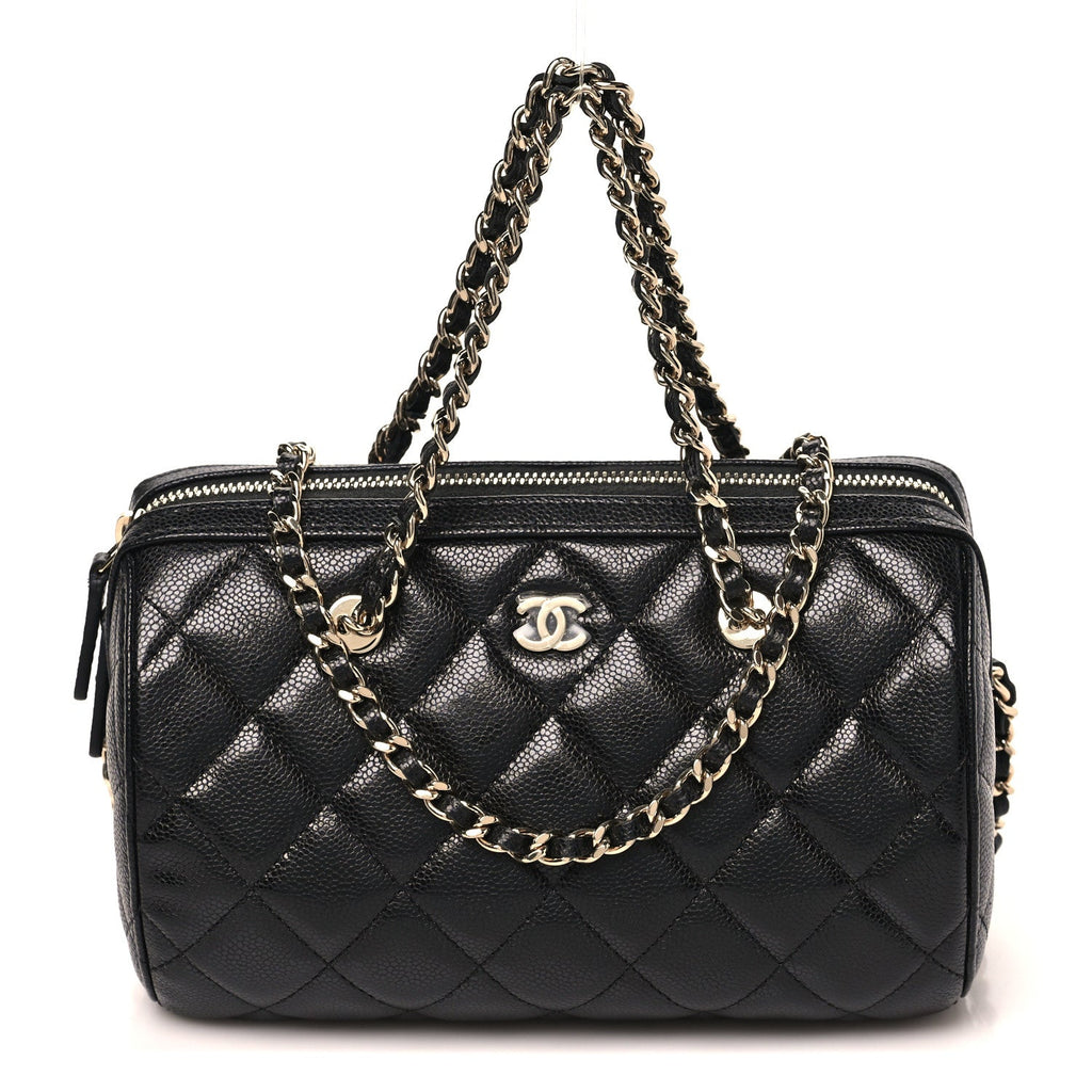 Caviar Quilted Barrel Clutch With Chain  Black