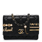 Lambskin Quilted Coco Clips Mini Wallet On Chain WOC Black