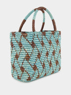 Blue and Brown Canasta Patterned Medium Handbag
