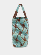 Blue and Brown Canasta Patterned Medium Handbag