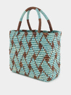 Blue and Brown Canasta Patterned Medium Handbag