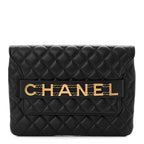 Calfskin Quilted Front Logo Enchained Clutch Black