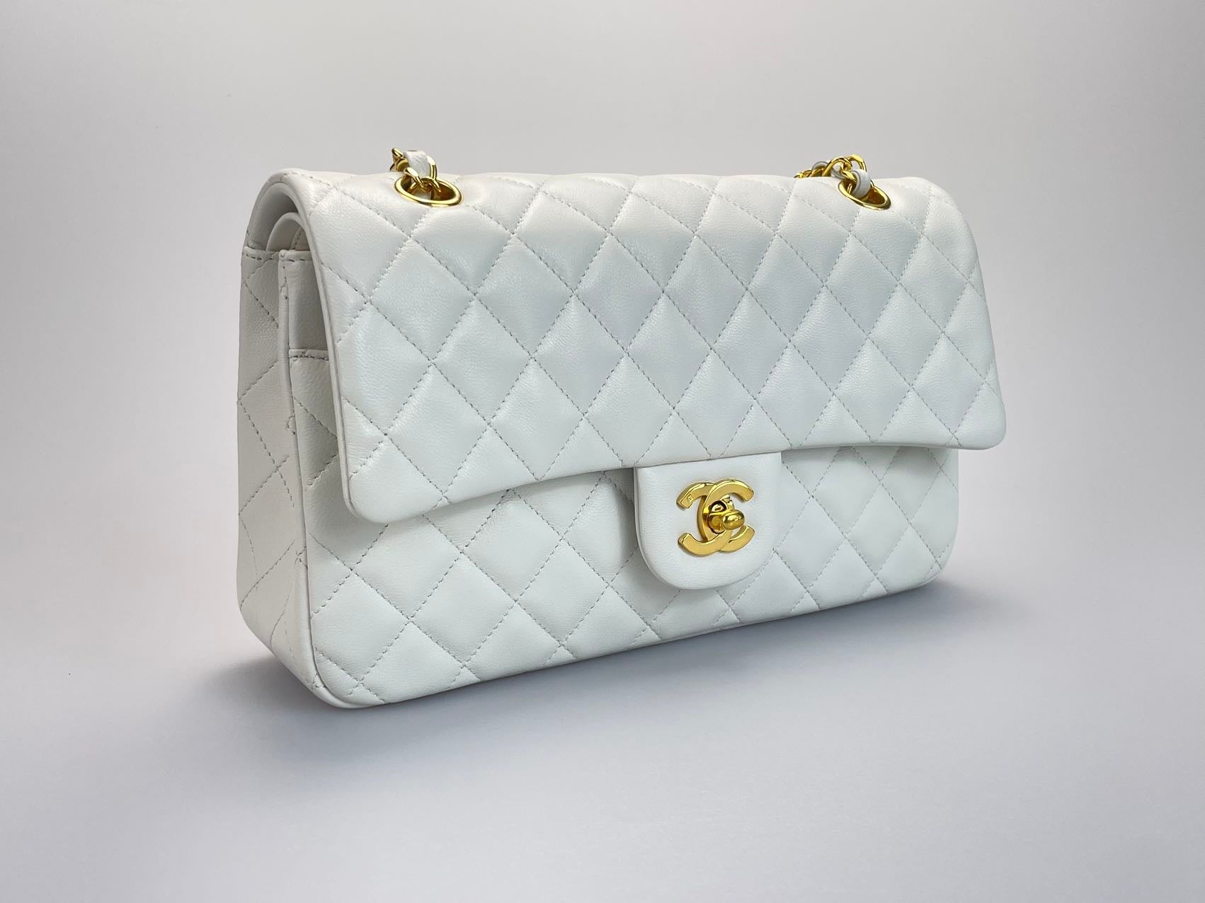Chanel  Vinateg White Classic Flap Bag  with Gold Hardware