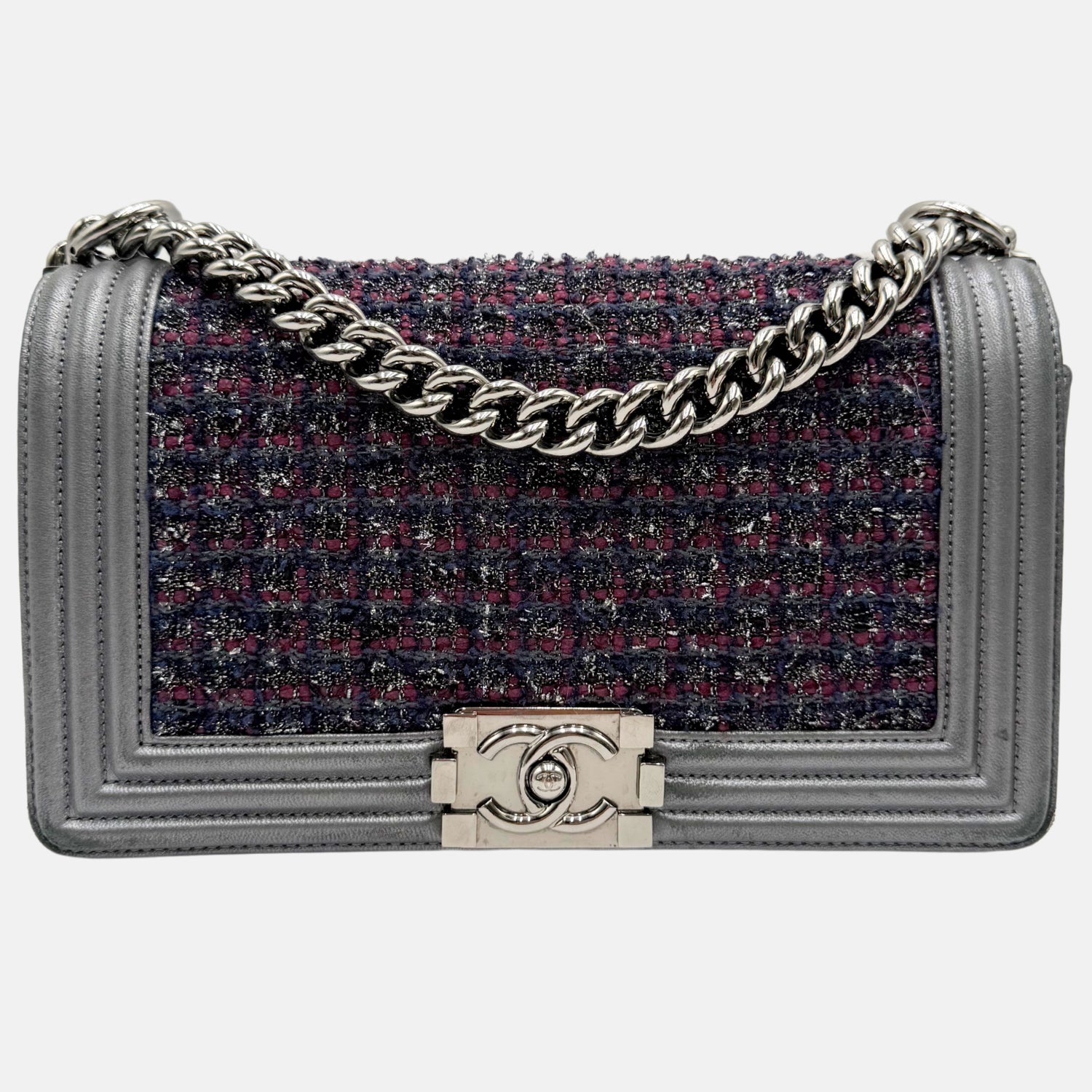 Boy Bag Grey Metallic Tweed and Leather Medium