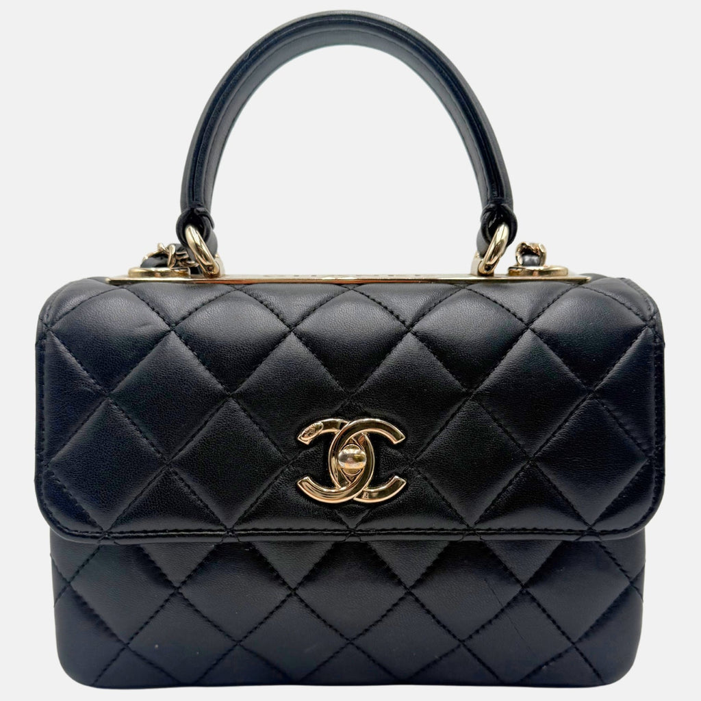 Trendy Top Handle Mini Flap Bag Black Quilted Lambskin