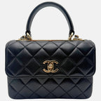 Trendy Top Handle Mini Flap Bag Black Quilted Lambskin